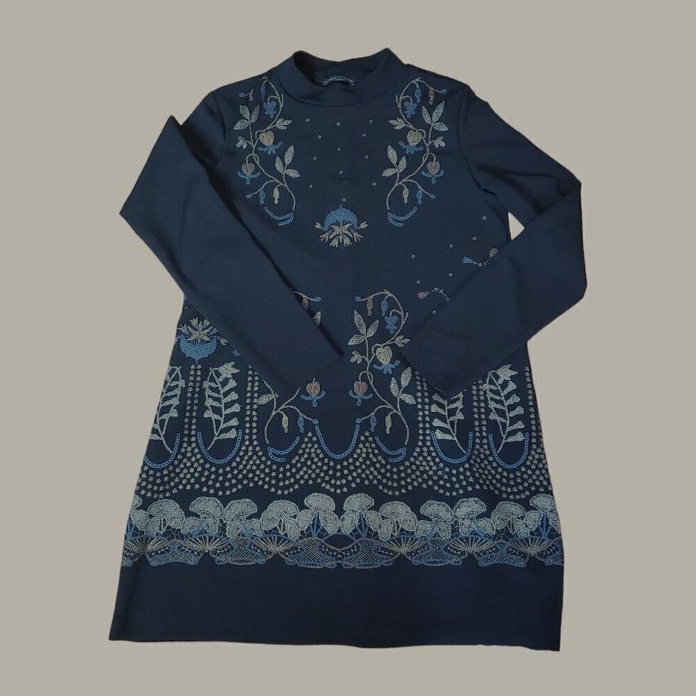 Zara Shift Dress Womens Medium Black Metallic Boho Long Sleeve Mockneck